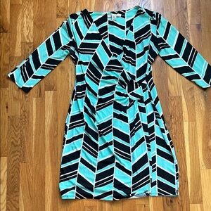 Aa Studio Black and Turquoise Chevron 3/4 Sleeve Dress
